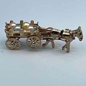 Vintage mule & cart of faux pearl brooch. Spinning wheels.